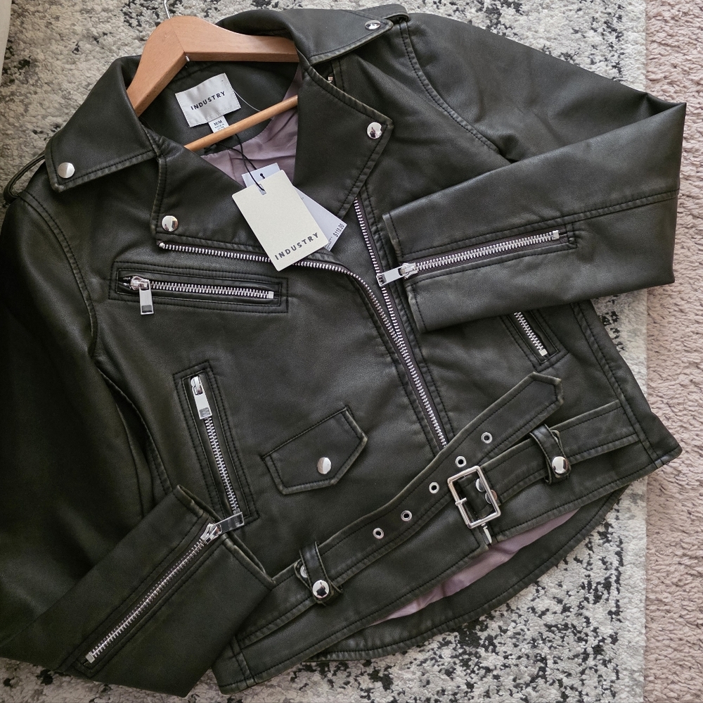 Industry Moto Biker Faux Leather Jacket Faded Dark Gray Womens M NWT Grunge Goth